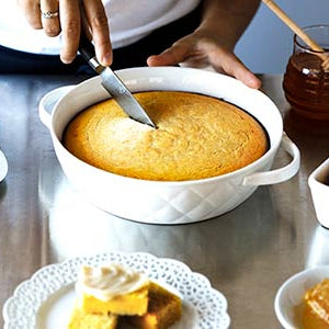 Slicing Gluten Free Cornbread with Sweet Corn Honey Butter