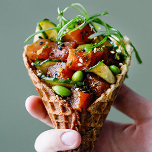 Amoretti Tuna Poke with Ginger Soy Marinade in an ice cream cone